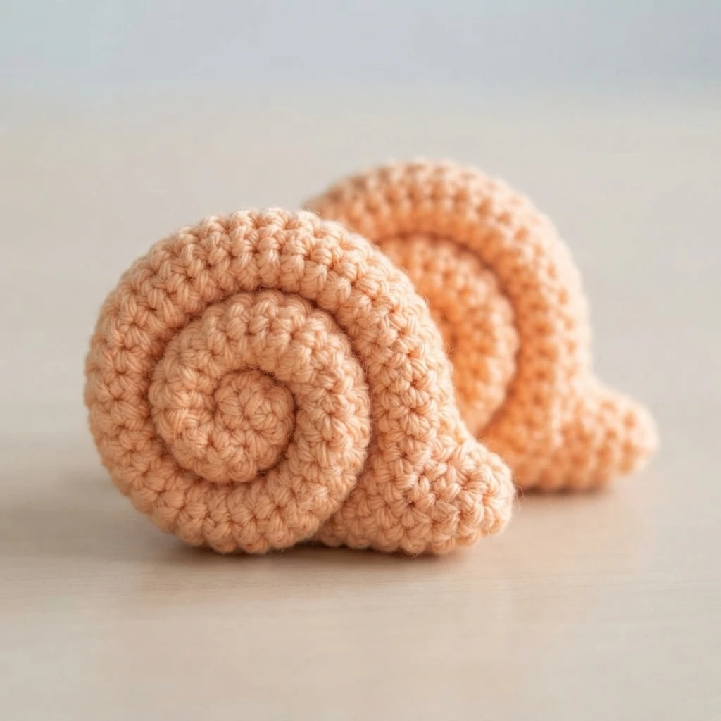 Two peach orange crocheted spiral snail shells resting side by side on a light wooden surface