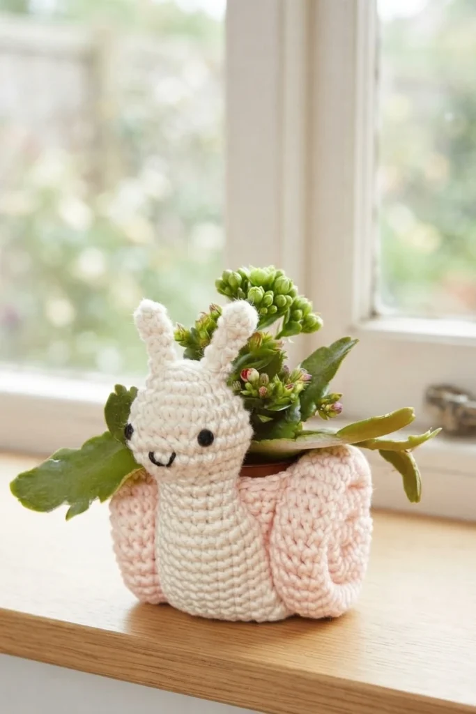 Crocheted snail pot cover with a cream head, neck and antennae and a pink shell, holding a small green plant with buds, resting on a wooden windowsill.