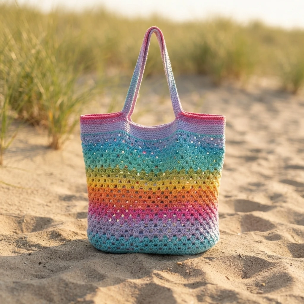 Colorful rainbow granny stitch crochet tote bag standing upright on beach sand