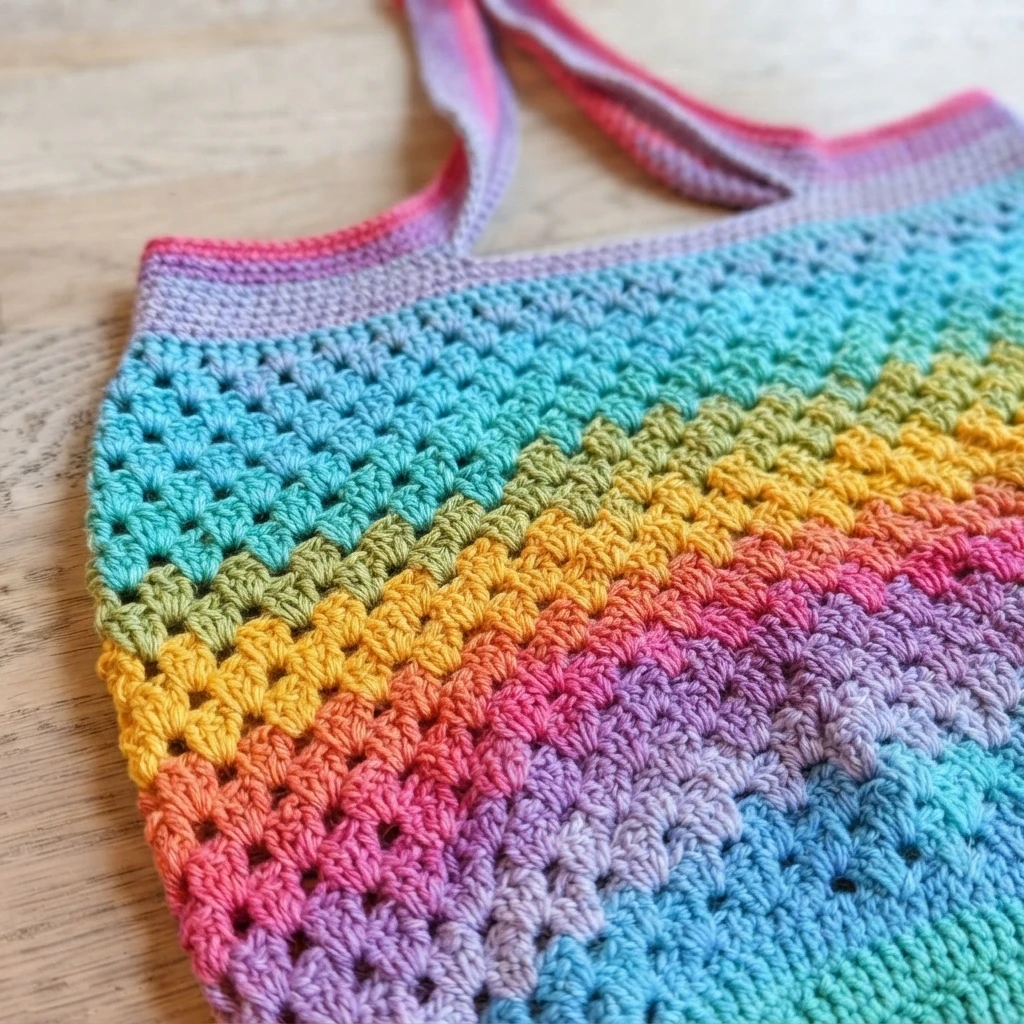 Close-up of a finished crochet beach bag laid flat, showing horizontal granny stitch stripes in rainbow colors and two pink shoulder straps