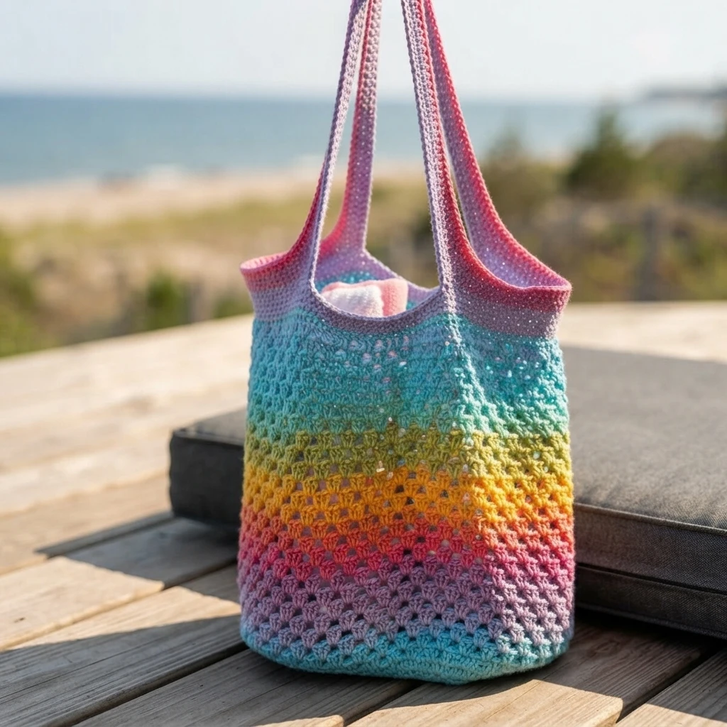 Colorful crochet tote bag with rainbow granny stitch stripes and long pink and lavender straps, standing on a wooden deck with a blurred beach in the background.