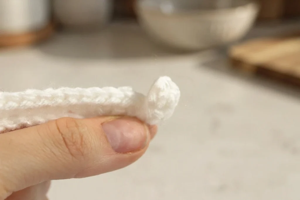A hand holding a small white crocheted strip with a curled end against a softly blurred background