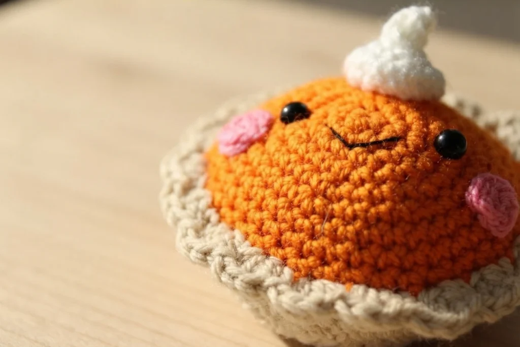 Crocheted pumpkin pie amigurumi with a rounded orange filling, tan scalloped crust, pink cheek circles, black safety eyes, a stitched black smile and a white whipped cream swirl on top, resting on a wooden surface.