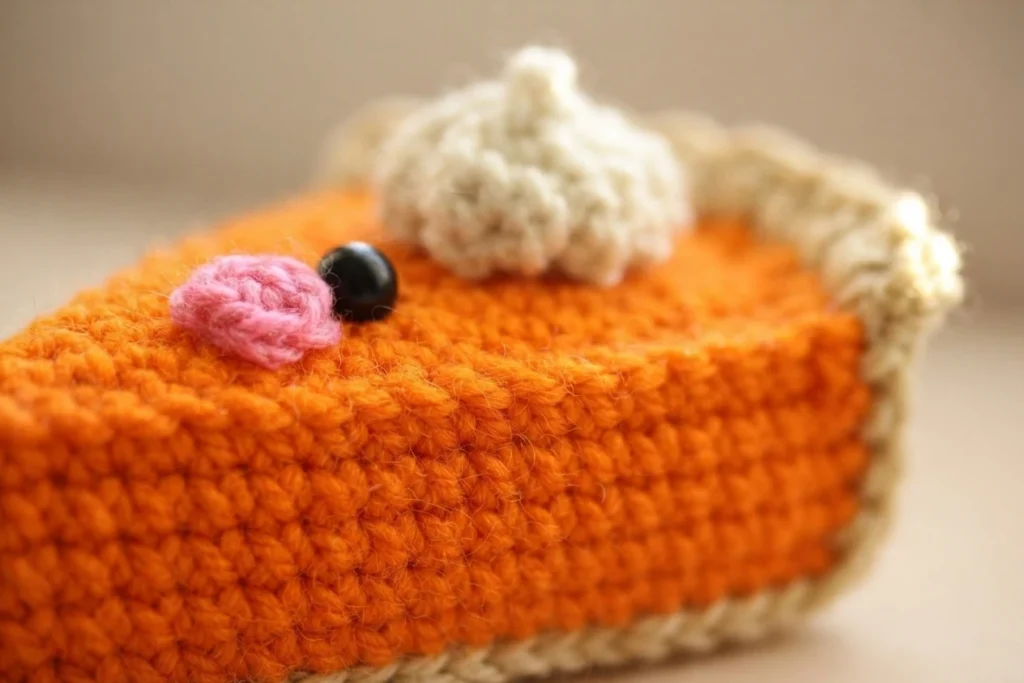 Crocheted pumpkin pie amigurumi in orange yarn with a tan crust, topped with a white whipped cream swirl, a pink cheek and a black safety eye, resting on a plain surface.