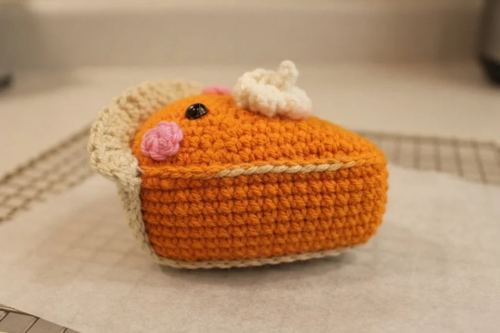 Crocheted pumpkin pie amigurumi with an orange top, beige crust edge, pink cheeks, a black safety eye and a swirl of white whipped cream, resting on a light surface.