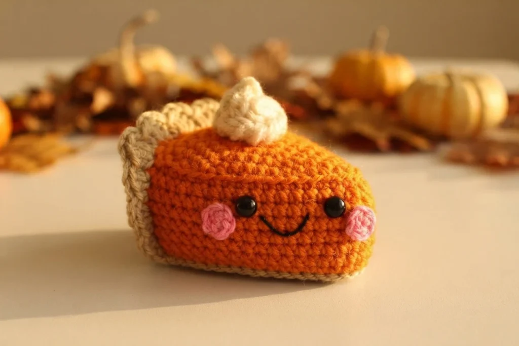 Crocheted pumpkin pie amigurumi with an orange filling, tan crust edge, pink cheeks, black safety eyes and an embroidered smile, topped with a white whipped cream swirl, resting on a light surface with small pumpkins blurred in the backgrou