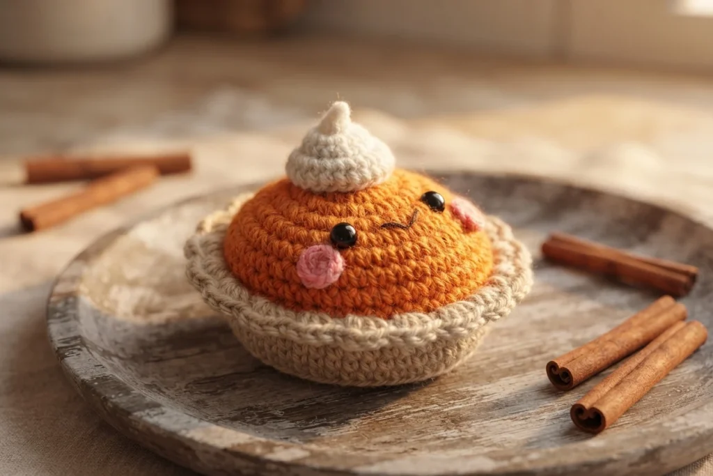 Crocheted amigurumi pumpkin pie with an orange domed top, tan crust, two black bead eyes, a black stitched smile, pink round cheeks and a white whipped cream swirl on top, resting on a rustic wooden plate with cinnamon sticks in warm light.