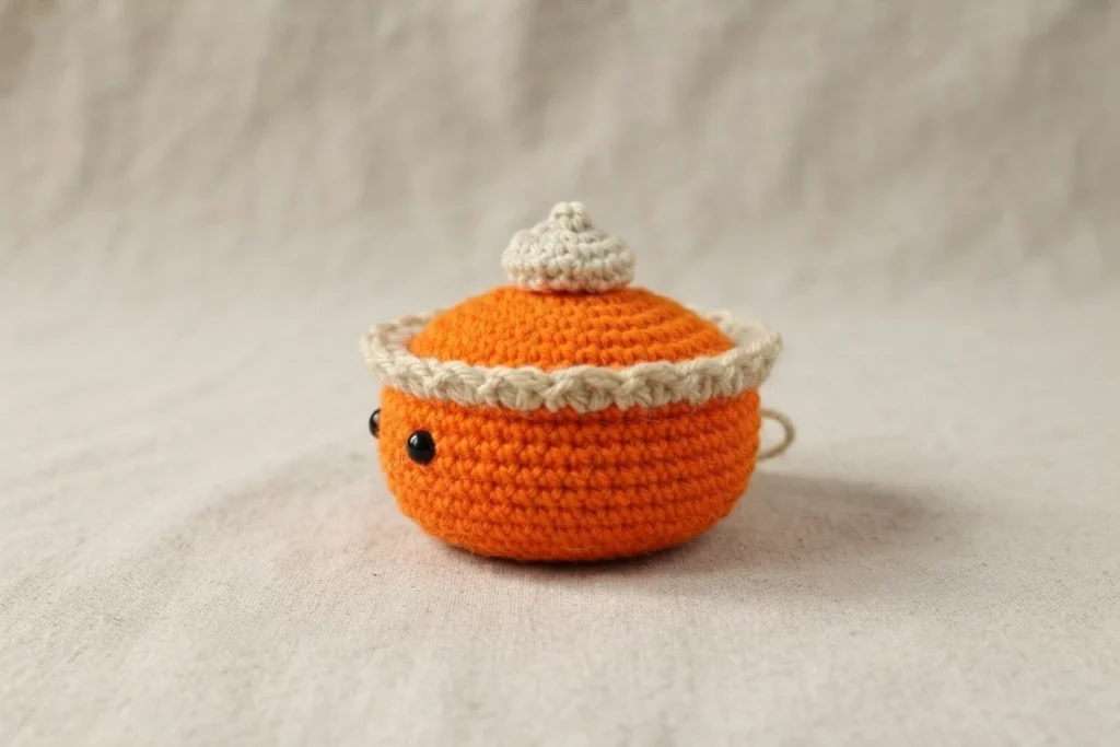 Finished crocheted pumpkin pie amigurumi in bright orange with a tan scalloped crust edge, two black safety eyes and a small white whipped cream swirl on top, sitting on beige fabric.
