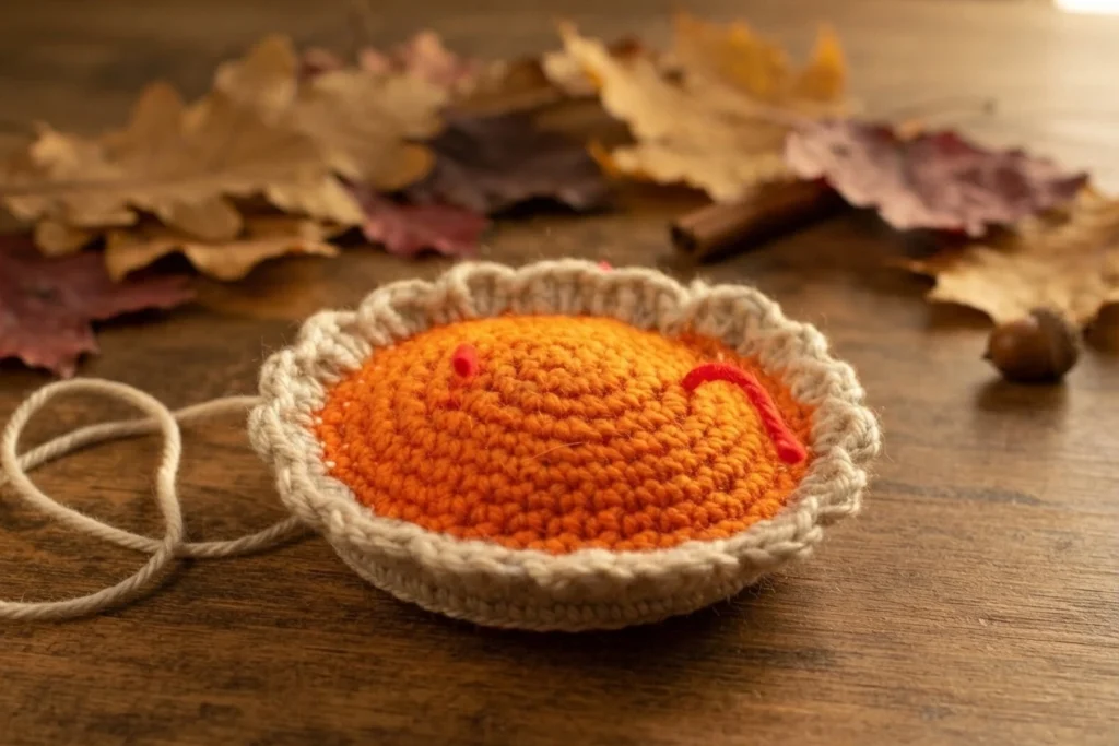 Crocheted orange pumpkin pie with a scalloped tan crust edge, shown rounded and stuffed on a wooden table with autumn leaves, a cinnamon stick, an acorn and a strand of tan yarn