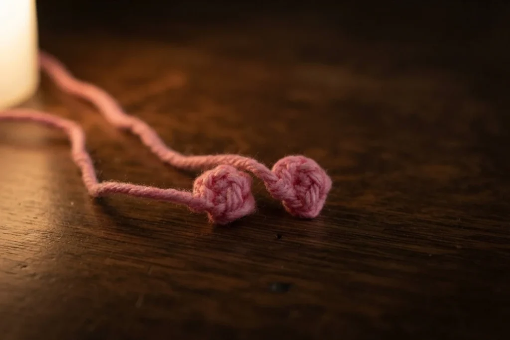 Two small pink crocheted circles with long yarn tails, resting on a dark wooden surface under warm light