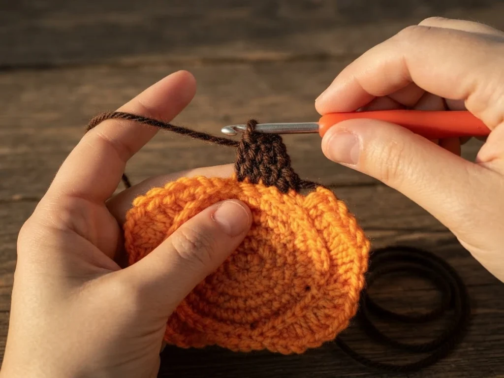 Two hands holding an orange crocheted pumpkin while a brown stem is crocheted onto its top with a metal hook