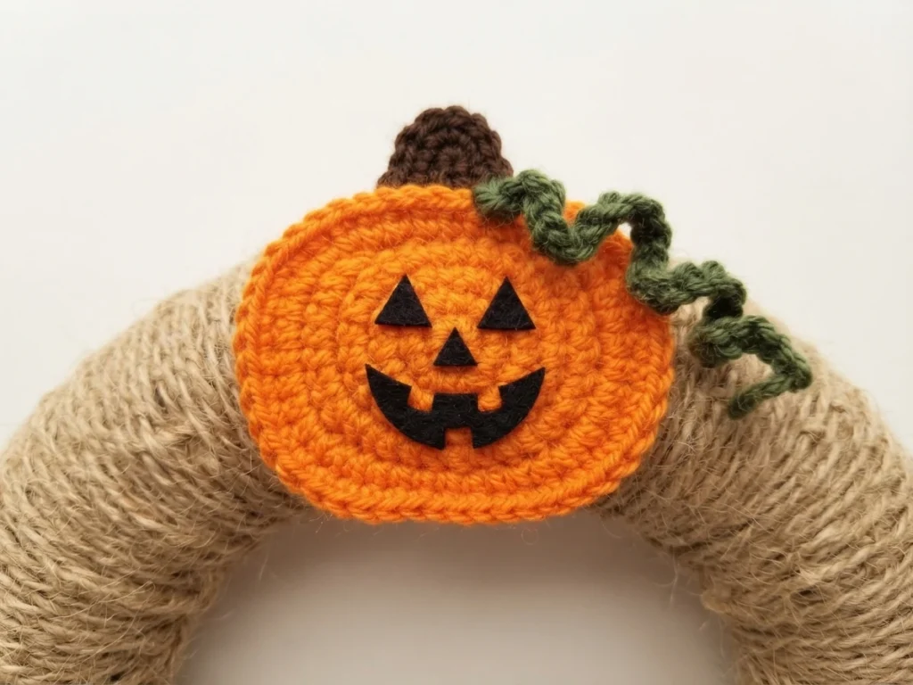 Crocheted orange pumpkin applique with a black felt jack-o-lantern face and a brown crocheted stem, with a short green crocheted curly vine attached where the stem meets the pumpkin, resting on a beige jute-wrapped wreath ring against a pla
