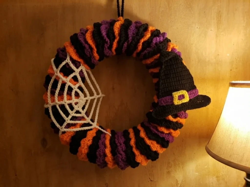 Crocheted Halloween wreath with ruffled black, orange and purple spirals, a white crocheted spiderweb and a black witch hat with a purple band and yellow buckle, hanging on a wooden panel next to a lit lamp.