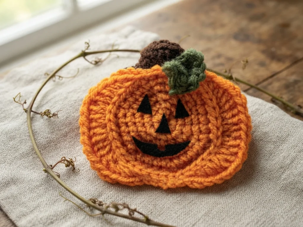 Crocheted orange pumpkin applique with a black felt jack-o'-lantern face, a brown stem and a small green curly vine, resting on a light linen cloth with dried vine tendrils nearby.