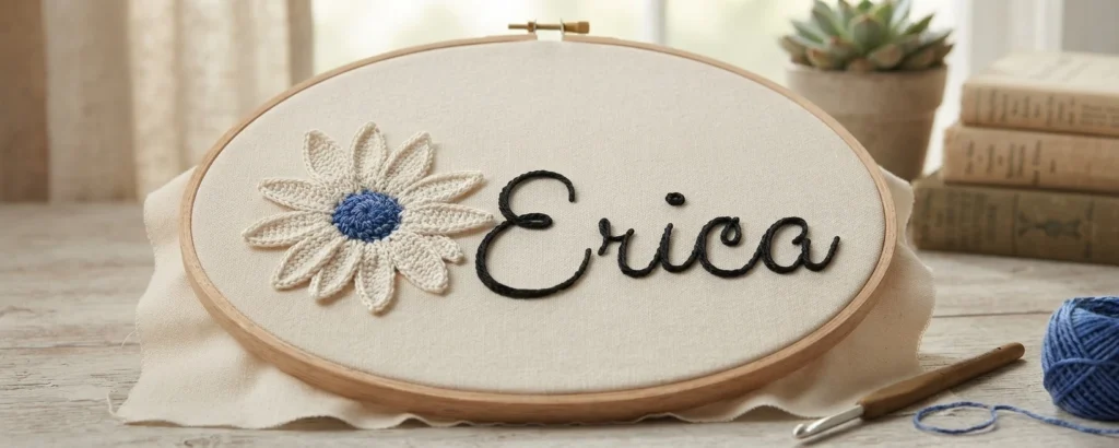 Finished embroidery hoop resting on a wooden table, showing cream linen with a white stitched daisy with a blue center and the name Erica in black cursive stitching, with a crochet hook and a ball of blue yarn beside the hoop.