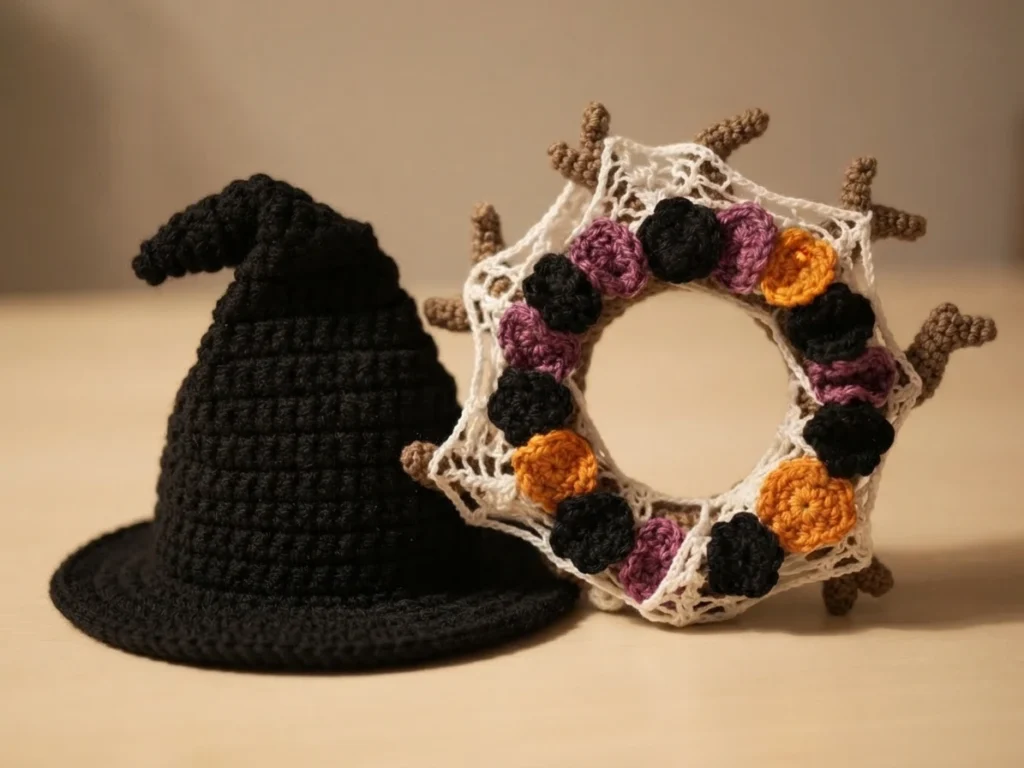 Black crocheted witch hat with a curled tip beside a white lacy crocheted ring decorated with black, purple and orange flower shapes and brown twig-like spokes.