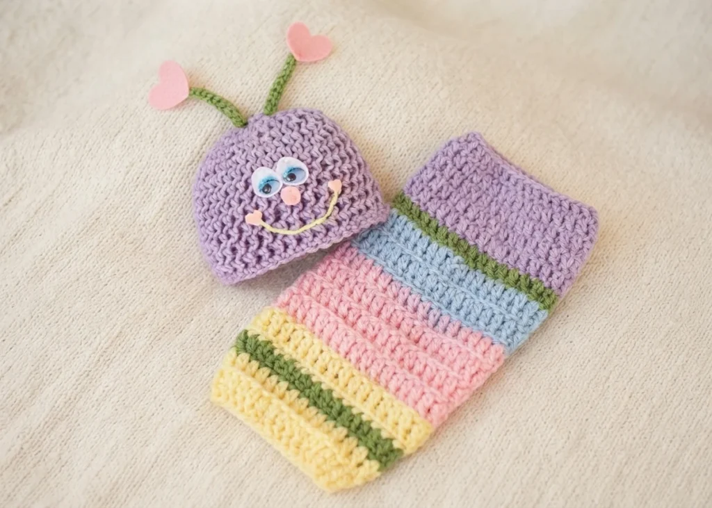 Purple crochet love bug hat with green antennae, googly eyes and a smile, beside a striped cocoon in purple, green, blue, pink and yellow on cream fabric.