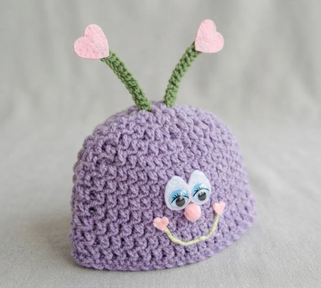 Purple crocheted baby hat with green antennae topped with pink hearts, googly eyes, pink nose and stitched smile with pink heart ends