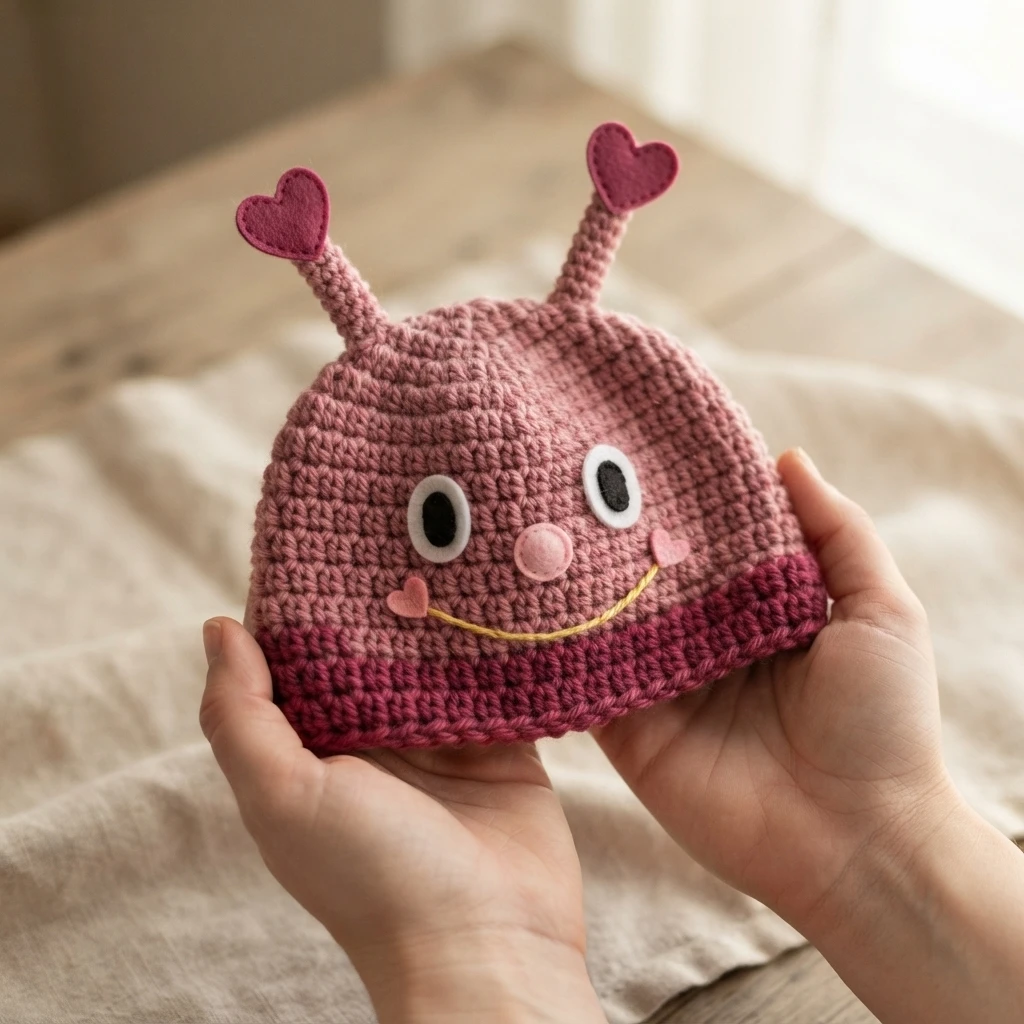 Two hands holding a pink crocheted baby love bug hat with heart-tipped antennae, oval black and white eyes, a pink nose, a yellow stitched smile and small pink heart cheeks.