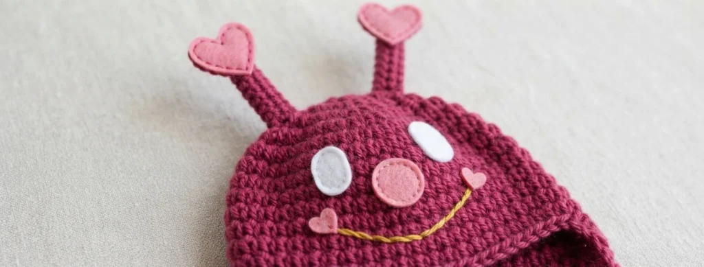 Close-up of a finished raspberry pink crochet love bug hat with heart tipped antennae, felt eyes and nose, and a stitched smile with small hearts, on a light neutral fabric background.