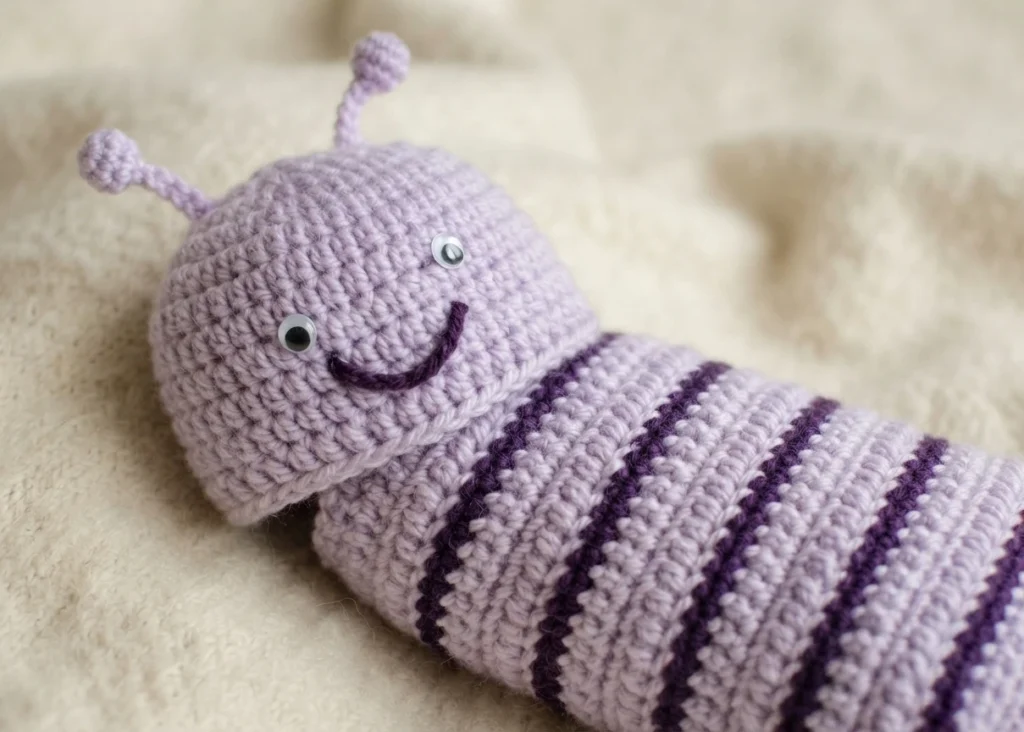 Crocheted lavender love bug hat with pom pom antennae, googly eyes and an embroidered smile, joined to a lavender cocoon with dark purple stripes, lying on a cream blanket.