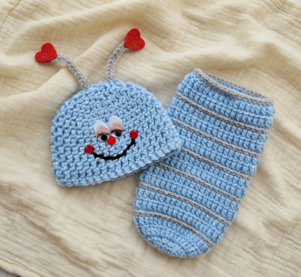 Light blue crochet love bug hat with googly eyes, red nose and heart-tipped antennae beside a matching light blue cocoon with thin gray stripes on cream fabric