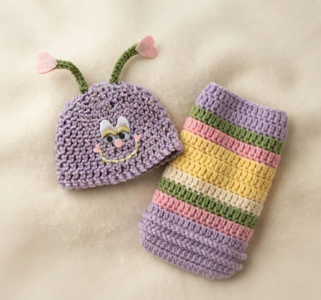 Lavender crochet hat with green antennae tipped with pink hearts and a smiling face, beside a striped crochet cocoon in lavender, green, pink, yellow and cream on beige fabric.