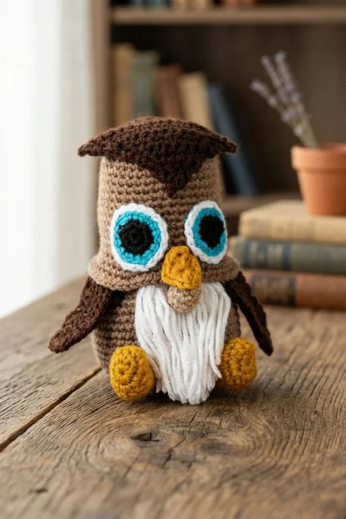 A crocheted owl gnome with a dark brown hat and wings, turquoise and white eyes, a yellow beak and feet, and a long white beard, sitting on a wooden table.