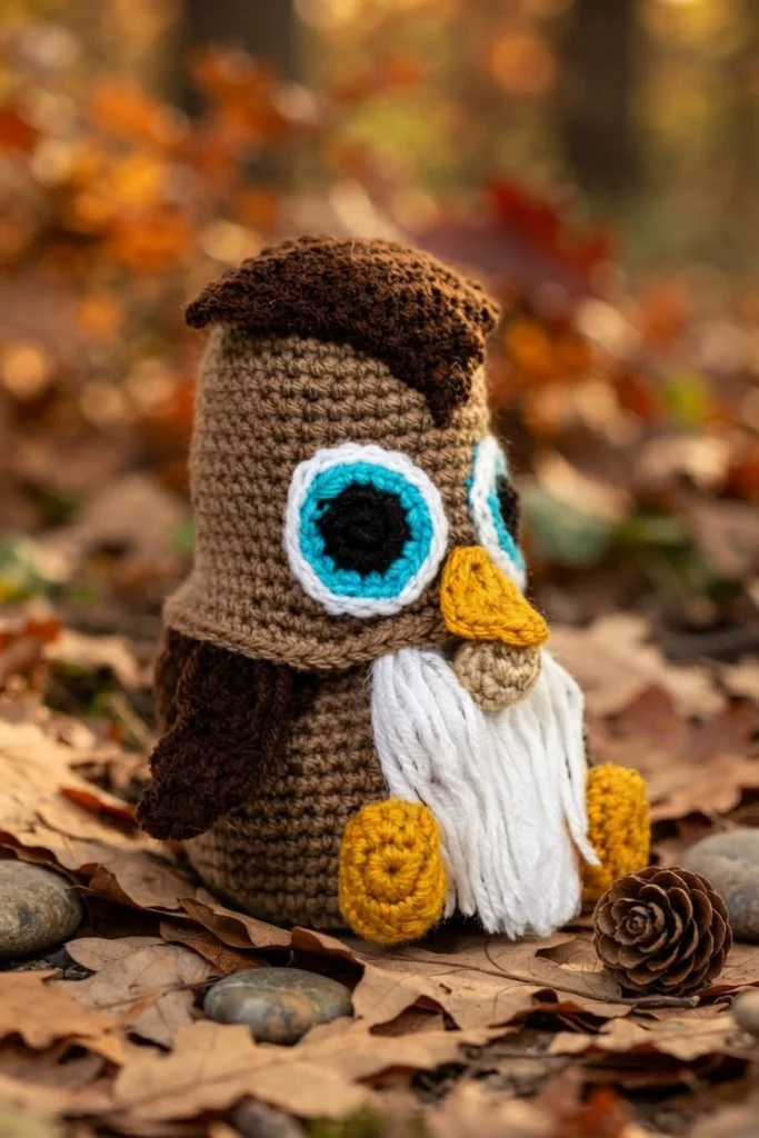 A brown crocheted owl gnome with turquoise-and-white eyes, a yellow beak and feet, a dark brown hat and wings, and a long white beard, posed among autumn leaves and pinecones.