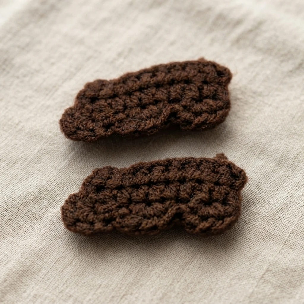 Deux pièces d’aile au crochet marron posées sur un tissu beige.