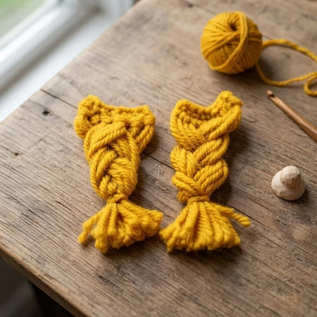 Two mustard-yellow yarn braids with loose fringed ends lie on a wooden table beside a yarn ball, crochet hook, and small wooden figure.