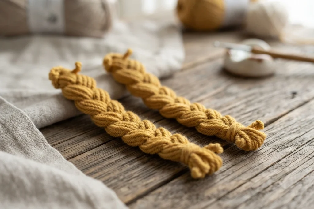 Two thick golden yarn braids lie side by side on a wooden surface.
