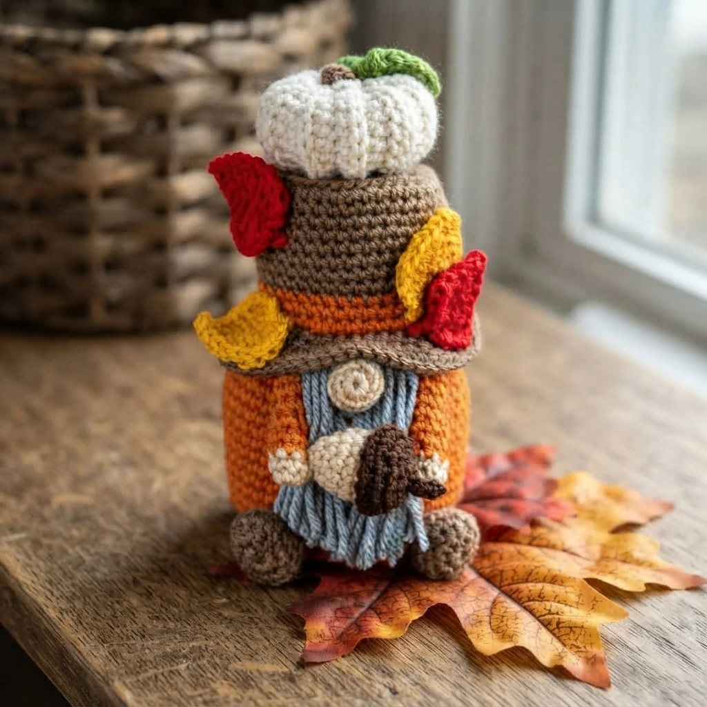 A crocheted autumn gnome with a white pumpkin hat, colorful leaf decorations, and a gray fringed front panel stands on fallen leaves.