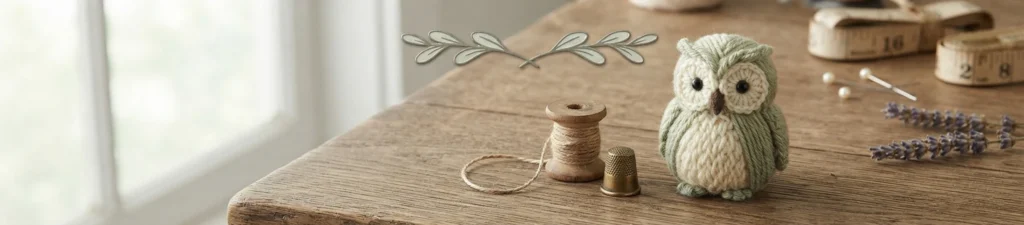 A small sage-green crocheted owl beside sewing notions on a wooden table.