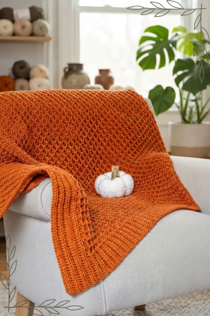 Plaid au crochet orange drapé sur un fauteuil gris, avec une petite citrouille blanche posée dessus.