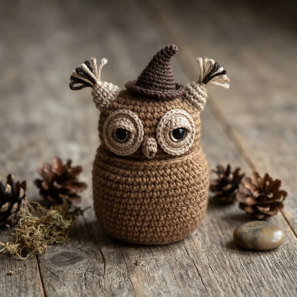 Chouette crochetée brune avec un chapeau pointu, de grands yeux cerclés de beige et des aigrettes, posée sur une table en bois avec des pommes de pin.