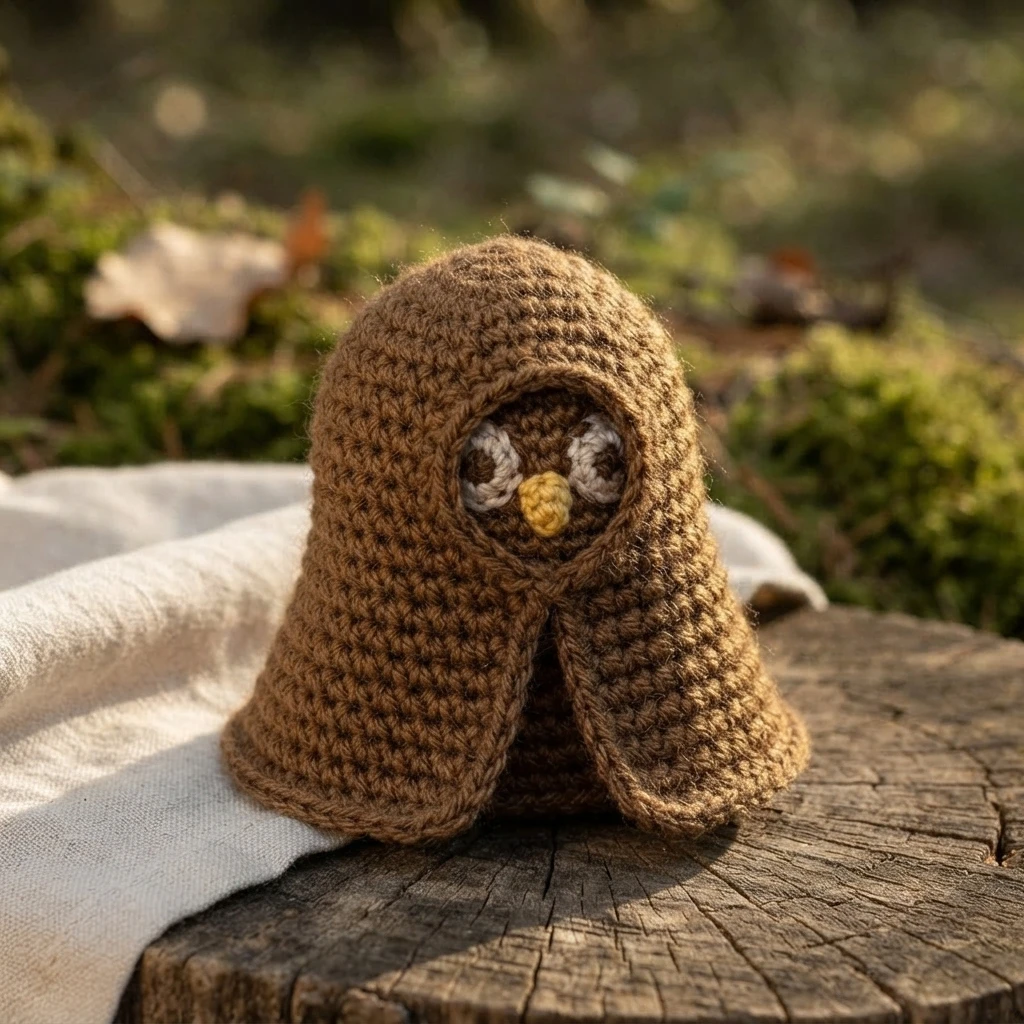 A brown crocheted owl gnome wearing a hooded cape, with a small yellow beak and pale eyes, seated outdoors.