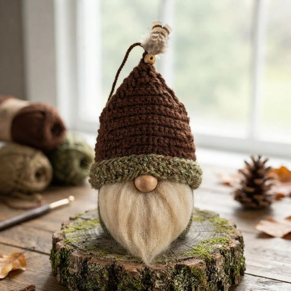 A crocheted gnome with a tall brown hat, green brim, wooden nose, and pale beard, standing on a tree slice.