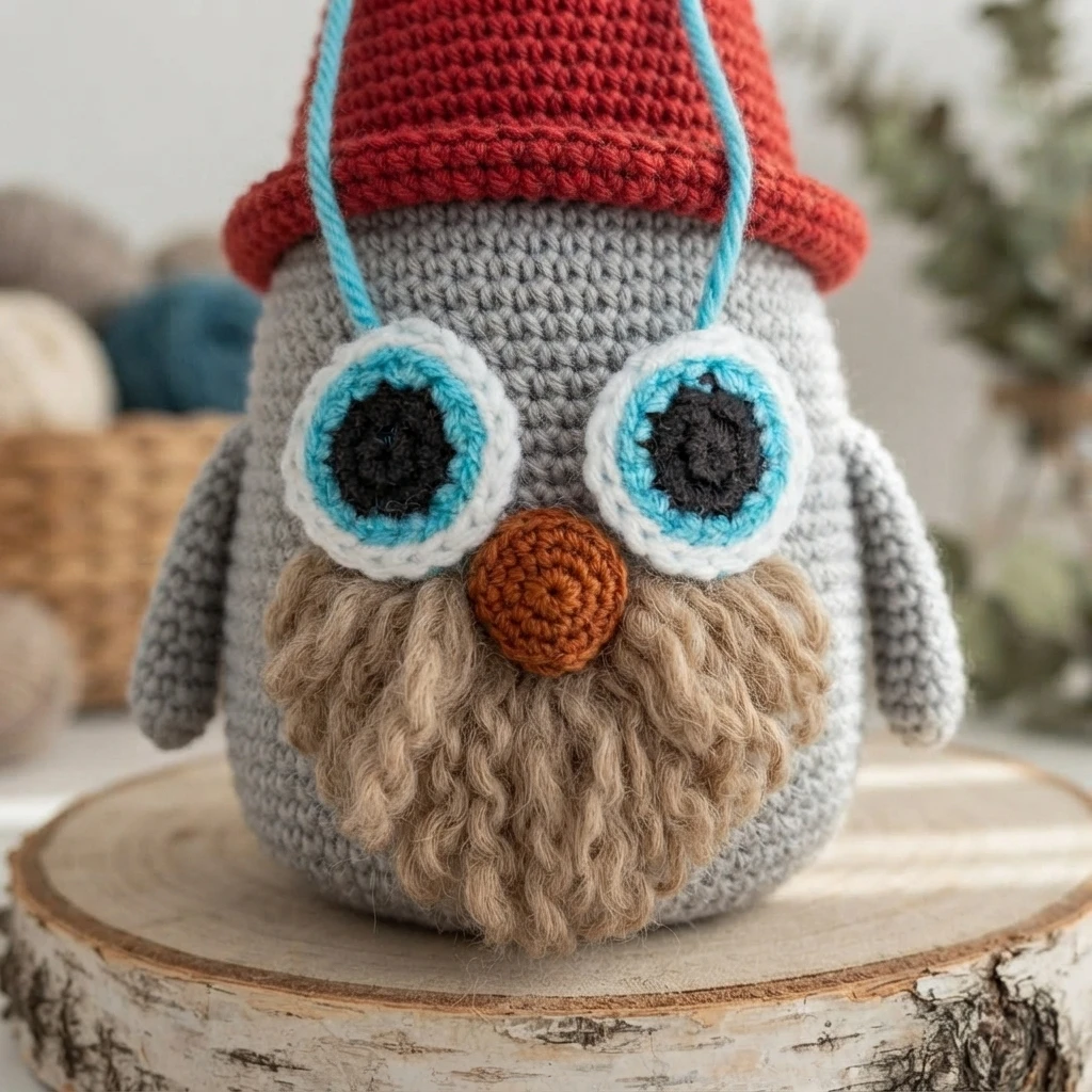 Gnome au crochet gris avec un chapeau rouge, de grands yeux cerclés de bleu et blanc, un nez brun-orangé et une barbe touffue.