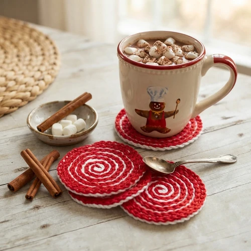 14. Peppermint Swirl Crochet Coasters