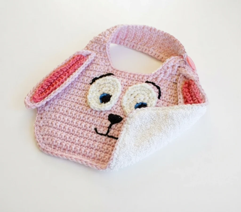 Pink crocheted bunny bib with long ears, white eyes and black nose, with one corner folded to show white terry lining