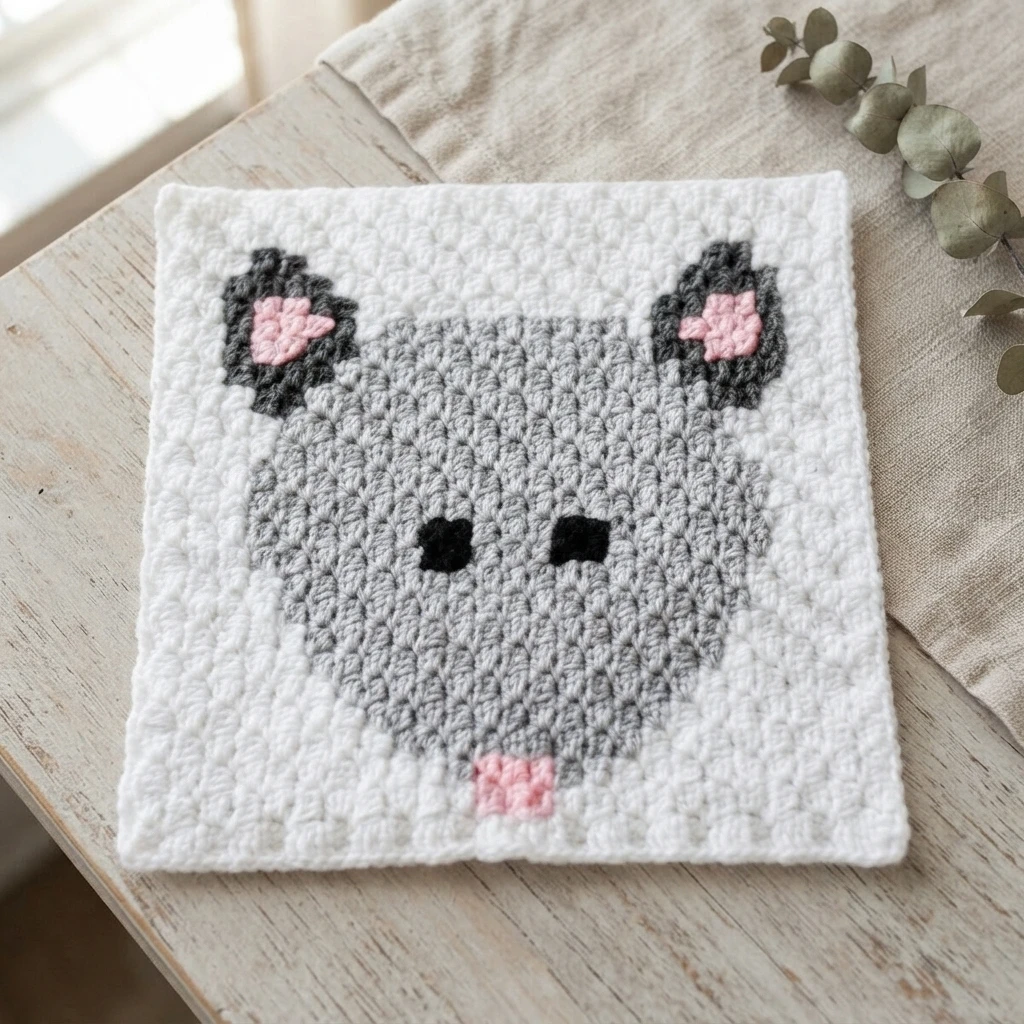 Carré crocheté blanc représentant un opossum gris aux oreilles roses, posé sur une table en bois.