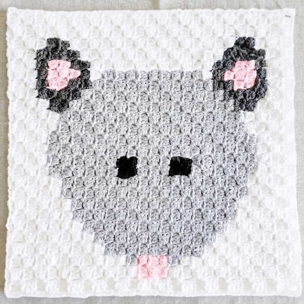 A finished white crochet square with a gray opossum face, black ears and eyes, and pink inner ears and nose.