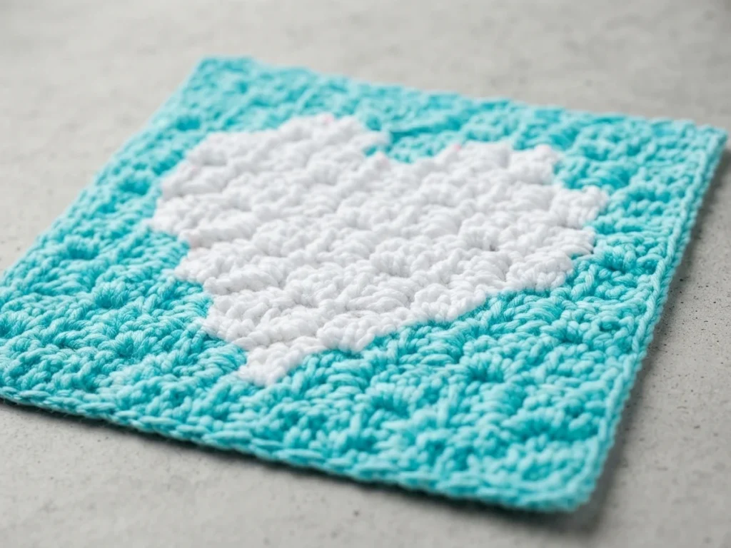 Textured turquoise and white crochet square with a white heart motif.