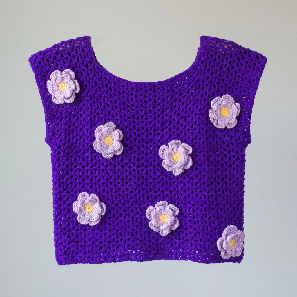 Purple crocheted top with 3D light purple flowers with yellow centers, shown flat on a neutral background