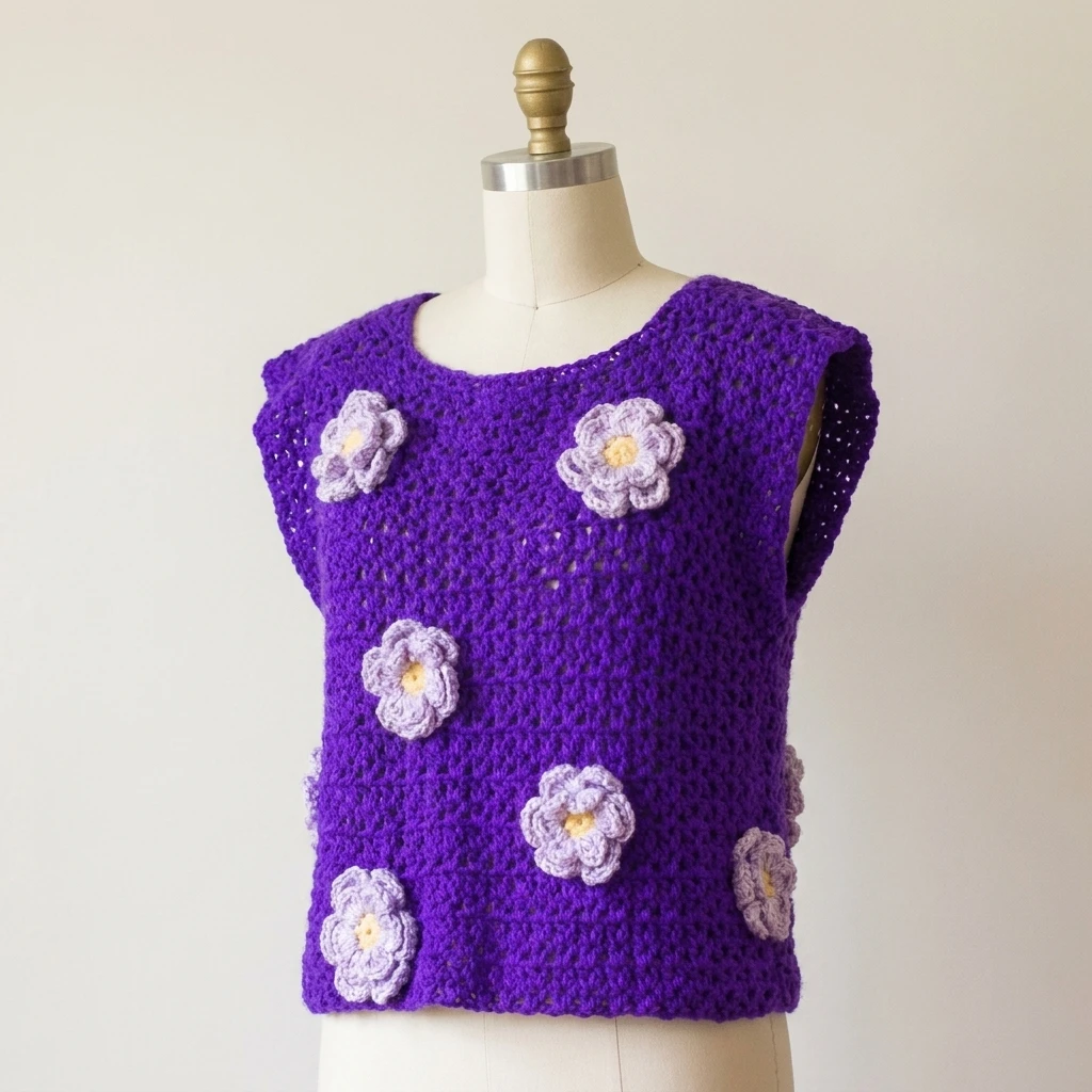 Purple sleeveless crochet top with light purple flowers with yellow centers on a dress form