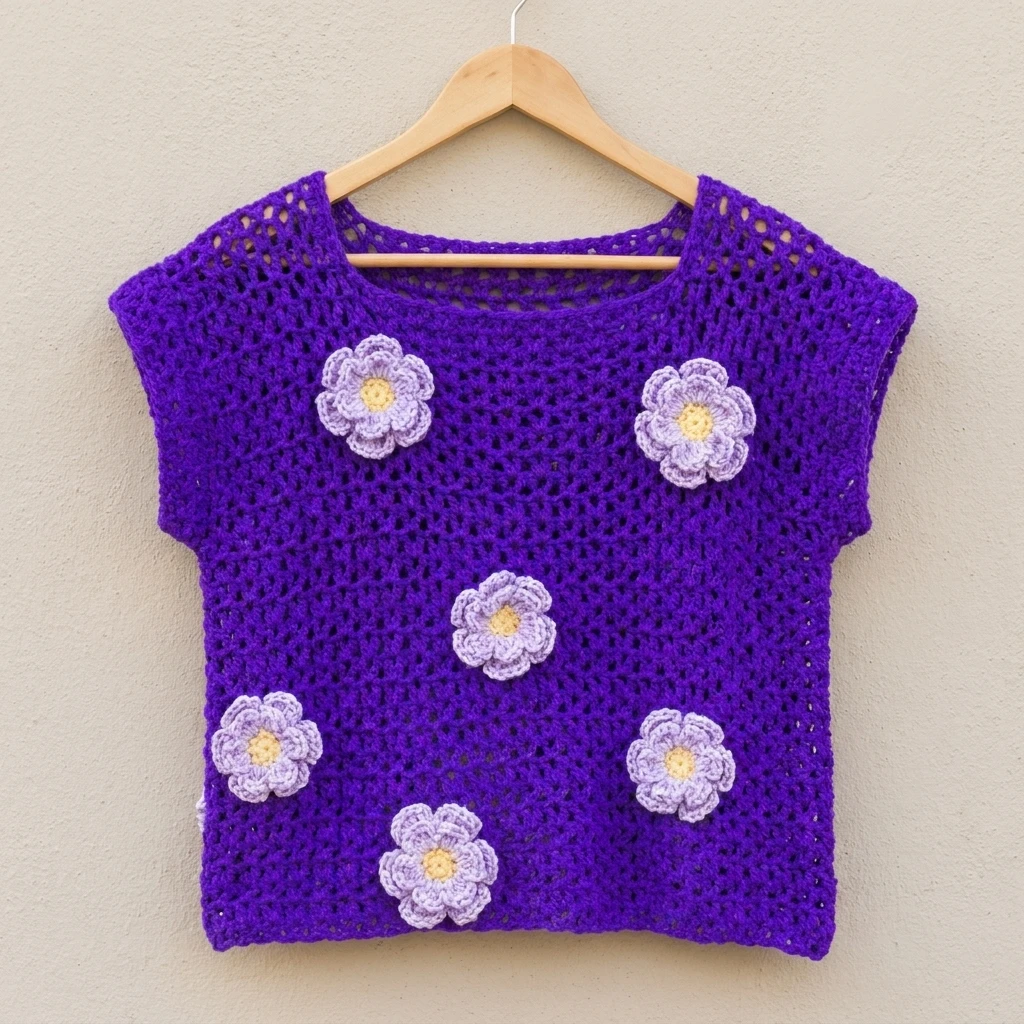 Purple crochet top with light purple flowers with yellow centers hanging on a wooden hanger