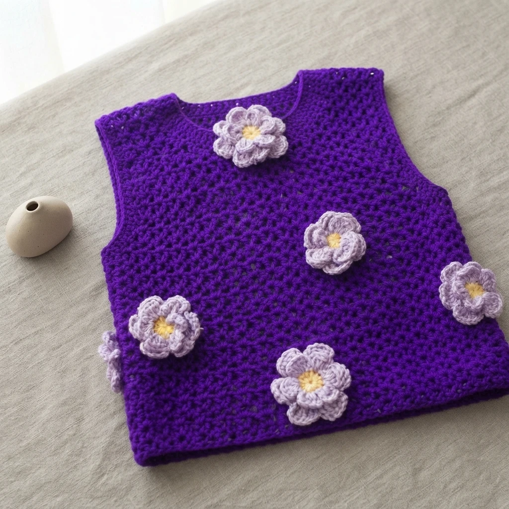 Purple sleeveless crochet top decorated with light purple flowers with yellow centers, laid flat on beige fabric beside a small beige vase.