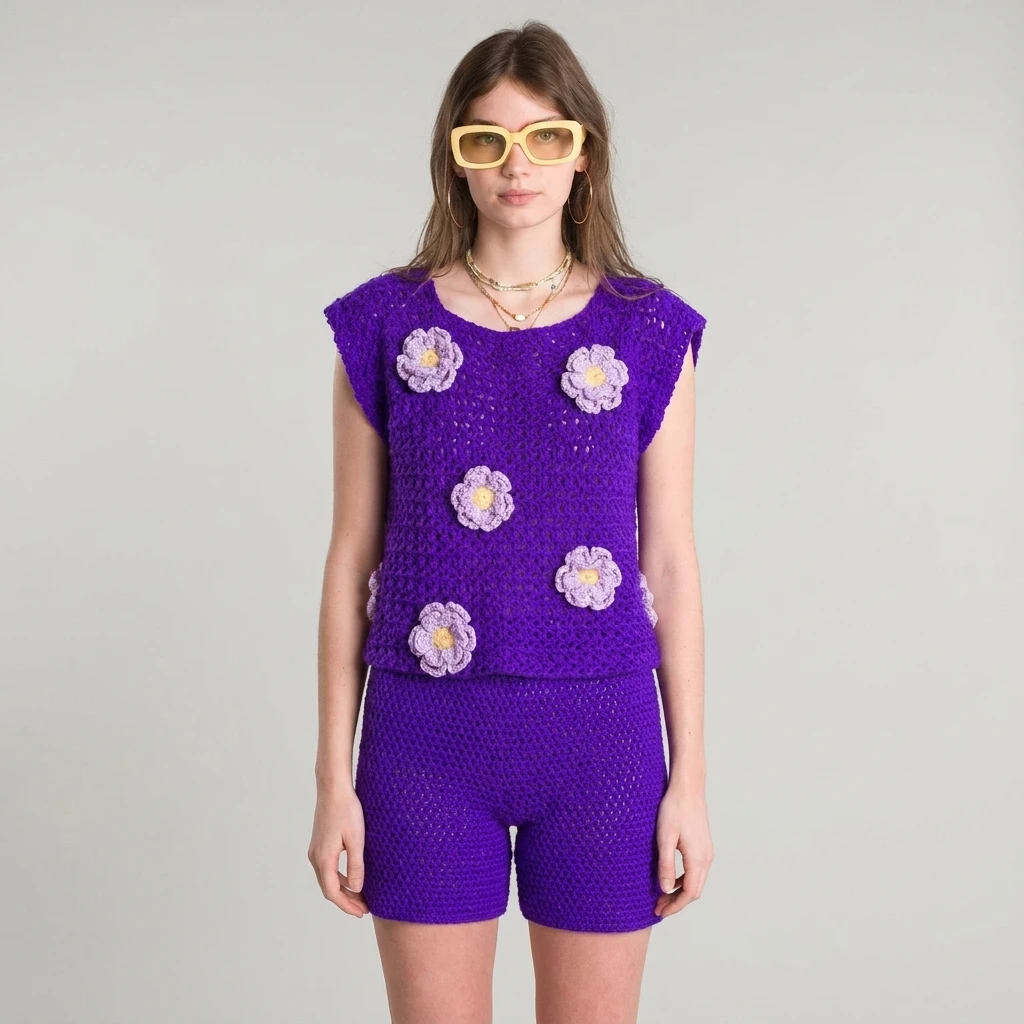 Woman wearing yellow sunglasses, a purple crochet sleeveless top with light purple flowers with yellow centers, and matching purple crochet shorts