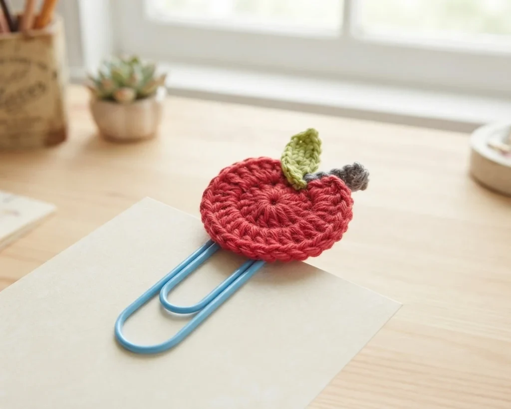 Crocheted red apple with a green leaf and grey stem attached to a blue paperclip, resting on a beige sheet on a wooden desk with a small potted plant and pen holder in the background.